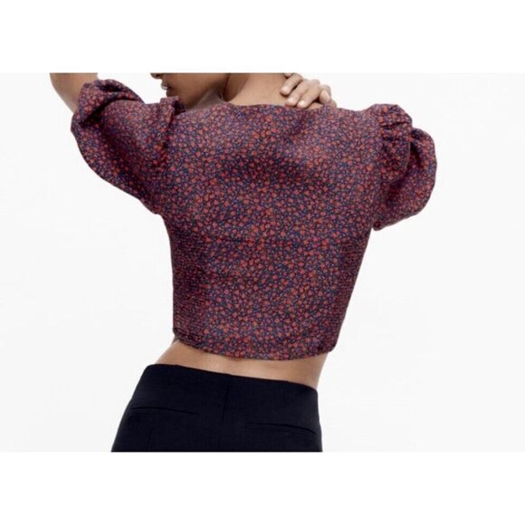 NWT Zara Micro floral Sweetheart neckline HAlf Sleeve Crop Top XL - Picture 2 of 6